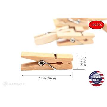 Eldorado Clothespins, Standard Natural Wooden, Stain Proof, 3 inch, 100 Value Pack, for Multipurpose Everyday Laundry, Clothes, Towels, Craft, Photos, Pictures, Decor, Baby Shower, Art Wall