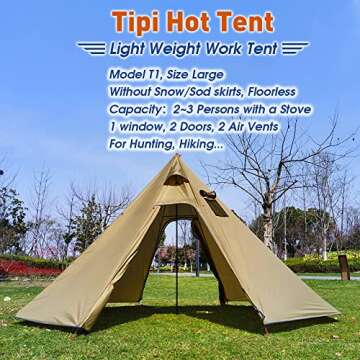 4 Persons 5lb Lightweight Tipi Hot Tents with Stove Jack, 7'3" Standing Room, Teepee Tent for Huntin...