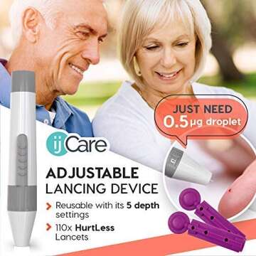 Oh’Care Lite Blood Sugar Test Kit – Blood Glucose Meter with Strips and Lancets, Lancing Device, Log, and Case - One Touch Eject Glucometer (110 Strips, 125 Lancets, & Control Solution)