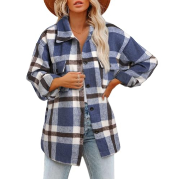 BTFBM Women's Casual Plaid Flannel Long Sleeve Shirt - Oversized V Neck Top