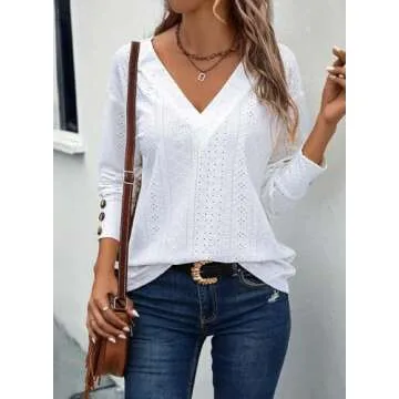 Dokotoo White Blouses for Women Fashion 2025 Trendy Dressy Casual V Neck Long Sleeve Buttons Hollow ...