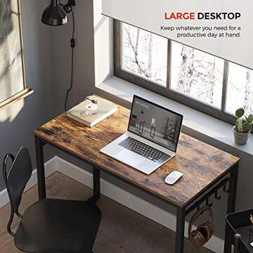 VASAGLE Computer Desk, Office Desk with 8 Hooks, for Study, Home Office, Easy Assembly, Steel Frame, Industrial, 39.4 x 19.7 x 29.5 Inches, Rustic Brown and Black ULWD045B01
