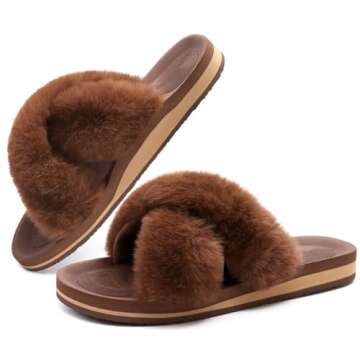 COFACE Womens Fuzzy Slides Fluff Fax Fur Cross Slippers Open Toe Yoga Mat House Slippers Sandals Wit...