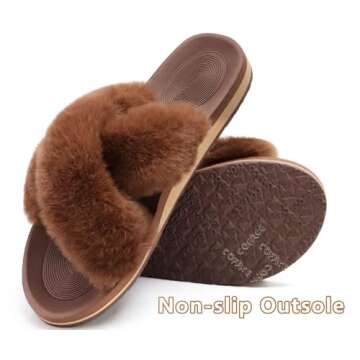 COFACE Womens Fuzzy Slides Fluff Fax Fur Cross Slippers Open Toe Yoga Mat House Slippers Sandals With Arch Support For Indoor/Outdoor