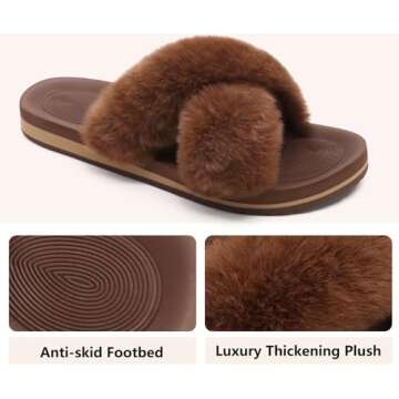 COFACE Womens Fuzzy Slides Fluff Fax Fur Cross Slippers Open Toe Yoga Mat House Slippers Sandals With Arch Support For Indoor/Outdoor