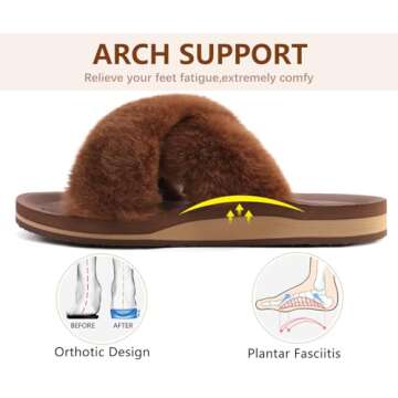 COFACE Womens Fuzzy Slides Fluff Fax Fur Cross Slippers Open Toe Yoga Mat House Slippers Sandals With Arch Support For Indoor/Outdoor