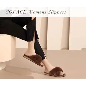 COFACE Womens Fuzzy Slides Fluff Fax Fur Cross Slippers Open Toe Yoga Mat House Slippers Sandals With Arch Support For Indoor/Outdoor