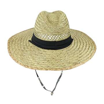SUN & FUN Men's Straw Outback Lifeguard Sun Hat with Wide Brim, Natural/ Black, One Size / Adjustable
