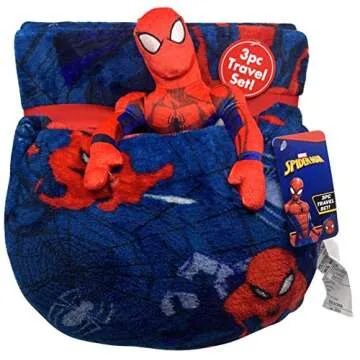 Jay Franco Marvel Spiderman Travel Set - 3 Piece Kids Travel Set Includes Blanket, Pillow, & Plush