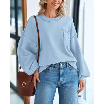 BTFBM Women's Lantern Long Sleeve Sweaters 2025 Winter Casual Crewneck Outfits Ribbed Hem Knitwear F...