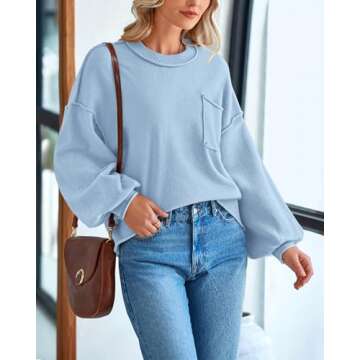 BTFBM Women's Lantern Long Sleeve Sweaters 2025 Winter Casual Crewneck Outfits Ribbed Hem Knitwear Fall Pullover Tops(Light Blue, Large)