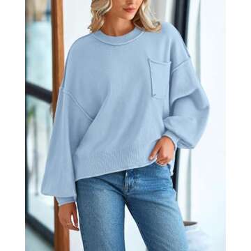 BTFBM Women's Lantern Long Sleeve Sweaters 2025 Winter Casual Crewneck Outfits Ribbed Hem Knitwear Fall Pullover Tops(Light Blue, Large)