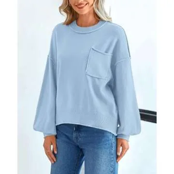 BTFBM Women's Lantern Long Sleeve Sweaters 2025 Winter Casual Crewneck Outfits Ribbed Hem Knitwear Fall Pullover Tops(Light Blue, Large)