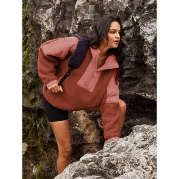 Panadila Womens Half Zip Pullover with Pockets Sherpa Hoodie Oversized Hooded Sweatshirt Warm Fleece Jackets(Brick Red,L)