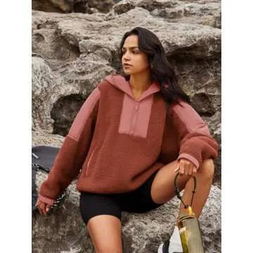 Panadila Womens Half Zip Pullover with Pockets Sherpa Hoodie Oversized Hooded Sweatshirt Warm Fleece Jackets(Brick Red,L)