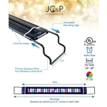JC&P Full Spectrum Aquarium LED Light with Extendable Brackets (20"-28" (50-72 cm) with Red, Green, Blue and White LEDs Aquatic Fish Tank Light