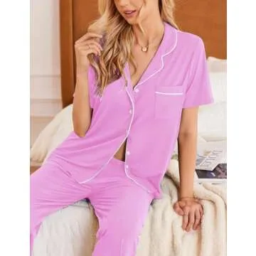 Ekouaer Women Pajamas Set Button Down Sleepwear Short Sleeve Nightwear with Long Pants Soft Pjs Set ...