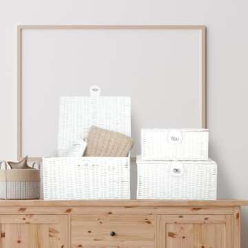 Honygebia White Wicker Storage Baskets - Set of 3 Decorative Nesting Boxes with Lids, Woven Basket w...