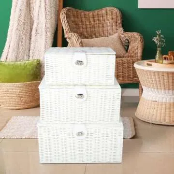 Honygebia White Wicker Storage Baskets - Set of 3 Decorative Nesting Boxes with Lids, Woven Basket with Lock & Handle, Organizer for Beauty Makeup Bathroom Decor