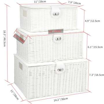 Honygebia White Wicker Storage Baskets - Set of 3 Decorative Nesting Boxes with Lids, Woven Basket with Lock & Handle, Organizer for Beauty Makeup Bathroom Decor