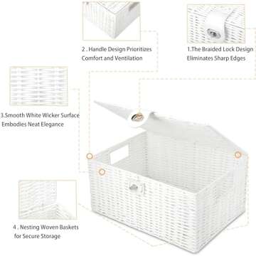 Honygebia White Wicker Storage Baskets - Set of 3 Decorative Nesting Boxes with Lids, Woven Basket with Lock & Handle, Organizer for Beauty Makeup Bathroom Decor