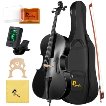 Poseidon Cello 4/4 Size, Acoustic Cello of Solid Wood with Portable Cello Case, Bow, Cello Bridge, R...