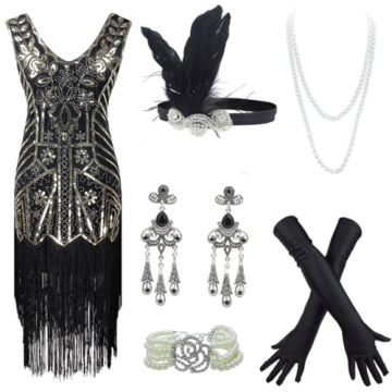 20s Flapper Gatsby Sequin Beaded Dress & Accessories Set