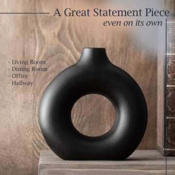 Modern Vases for Home Decor, Circle Vase with Hole, Vase for Pampas Grass, 9-in Black Vase, Donut Vase, Black Vase for Pampas Grass, Black Vases Home Decor, Black Ceramic Vase, Boho Vases for Decor