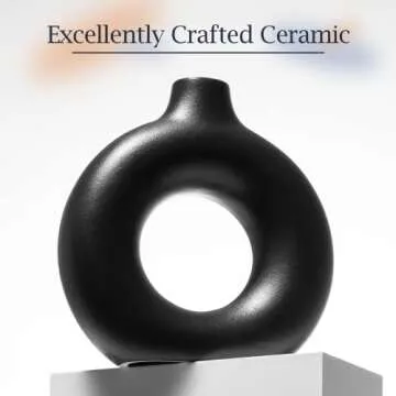 Modern Vases for Home Decor, Circle Vase with Hole, Vase for Pampas Grass, 9-in Black Vase, Donut Vase, Black Vase for Pampas Grass, Black Vases Home Decor, Black Ceramic Vase, Boho Vases for Decor