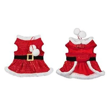 Friends Forever Santa Coat Cozy Sequin Vest Winter Jacket Sweater Hoodie Furry Collar Red Harness Pet Puppy Dog Christmas Clothes Costume Outwear Apparel Cat (Small)
