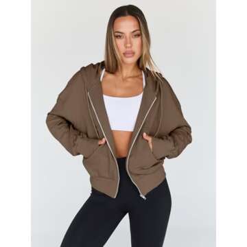 Trendy Queen Hoodies for Women Full Zip Up Cropped Sweatshirts Casual Comfy Gym Tops