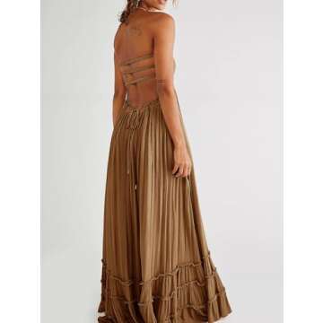 R.Vivimos Womens Summer Boho Sexy Backless Long Dresses (Small, Brown)