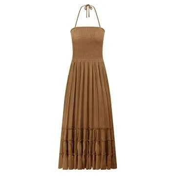 R.Vivimos Womens Summer Boho Sexy Backless Long Dresses (Small, Brown)