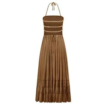 R.Vivimos Womens Summer Boho Sexy Backless Long Dresses (Small, Brown)