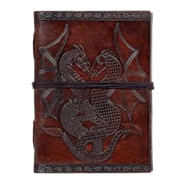 AzureGreen DOUBLE DRAGON Blank Page BOOK Handcrafted Leather Writing Unlined 5 x 7 JOURNAL (Brown)
