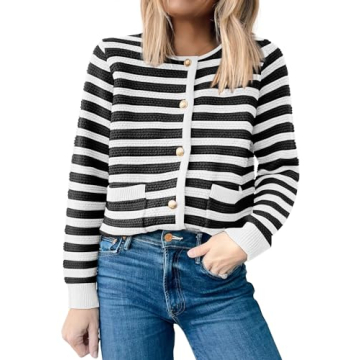 ANRABESS Women's Tweed Knit Cardigan Sweater Casual Long Sleeve Cropped Button Down Lady Jackets 202...