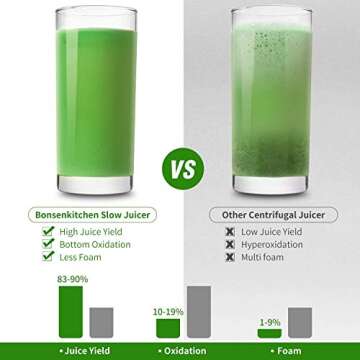 Cold Press Juicer Machines, Bonsenkitchen Slow Juicer Masticating Juicer Easy to Clean, BPA Free, Quiet Motor & Reverse Function,Juicer Extractor Machines Vegetable and Fruit,Celery, Carrot,High Nutrition Reserve