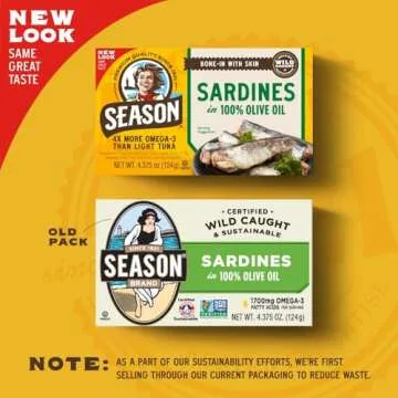 Season Sardines in Olive Oil - Wild Caught, 22g of Protein, Keto Snacks, More Omega 3's Than Tuna, K...