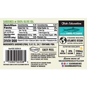 Season Sardines in Olive Oil - Wild Caught, 22g of Protein, Keto Snacks, More Omega 3's Than Tuna, Kosher, High in Calcium, Canned Sardines - 4.37 Oz Tins, 12-Pack