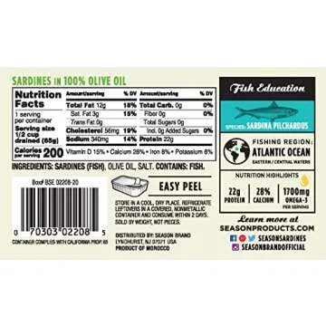 Season Sardines in Olive Oil - Wild Caught, 22g of Protein, Keto Snacks, More Omega 3's Than Tuna, Kosher, High in Calcium, Canned Sardines - 4.37 Oz Tins, 12-Pack