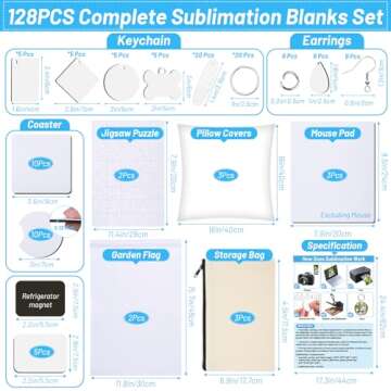 128 PCS Sublimation Blanks Products, Modacraft Christmas Ornaments Crafts Sublimation Starter Kit with Instruction Manual, Blank Makeup Bag Fridge Magnet Coaster Keychain Earring Mouse Pad Puzzle Flag