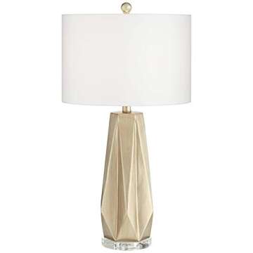 Possini Euro Design Bravo Modern Table Lamp 28" Tall Champagne Gold Diamond Geometric Cut White Drum...