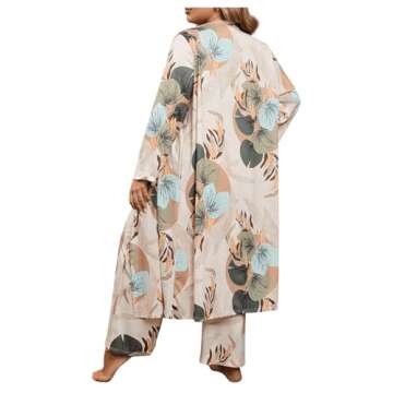 WDIRARA Women's 3 pcs Sleepwear Leaf Print Cami and Pants Pajama Set with Robe Multicolour Plants 2X...