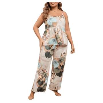 WDIRARA Women's 3 pcs Sleepwear Leaf Print Cami and Pants Pajama Set with Robe Multicolour Plants 2XL