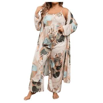 WDIRARA Women's 3 pcs Sleepwear Leaf Print Cami and Pants Pajama Set with Robe Multicolour Plants 2XL