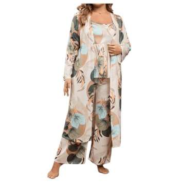 WDIRARA Women's 3 pcs Sleepwear Leaf Print Cami and Pants Pajama Set with Robe Multicolour Plants 2XL