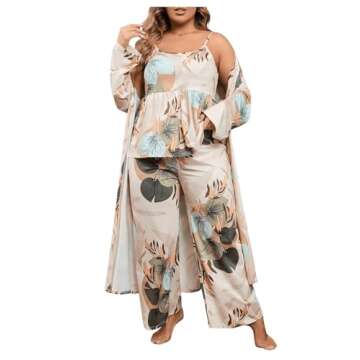 WDIRARA Women's 3 pcs Sleepwear Leaf Print Cami and Pants Pajama Set with Robe Multicolour Plants 2XL