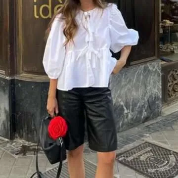 GRMLRPT Tie Front Tops for Women Y2k Puff Sleeve Peplum Babydoll Top Short Sleeve Cute Summer Tops Teen Girls Going Out White