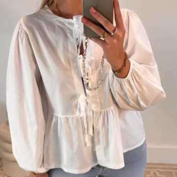 GRMLRPT Tie Front Tops for Women Y2k Puff Sleeve Peplum Babydoll Top Short Sleeve Cute Summer Tops Teen Girls Going Out White