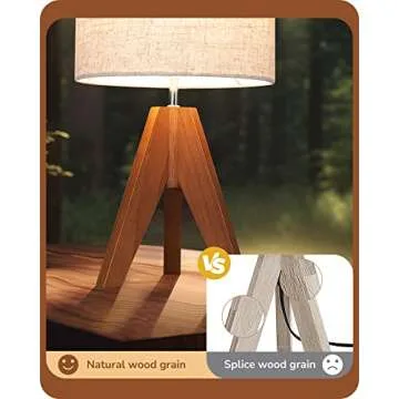 EDISHINE Tripod Table Lamp, Small Cute Bedside Lamp with Linen Beige Lampshade, Nightstand Lamp for Nursery, Bedroom, Kid Room, Living Room, Light Brown Wooden Base, E26 Socket, 14.2 Inch